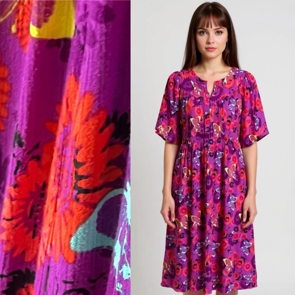 Go Softly Patio Dress Size Medium Purple Floral Button Down Flowy House Dress